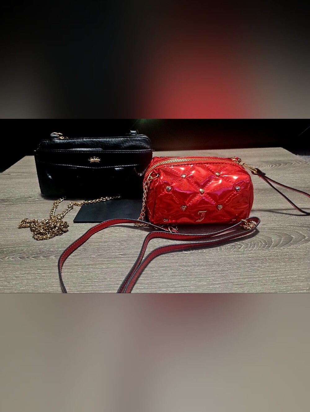 2 Vint. Juicy Couture Shoulder Bags Red shimmer w/ chain & black/pink w/crown